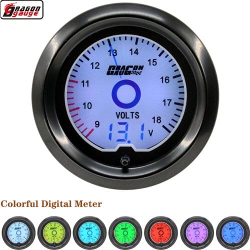 Dragon 52mm 7 Color Backlight LCD Pointer Digital Auto Volts Gauge Unit 9-18 Car Voltage Meter For 12V Battery Free Shipping