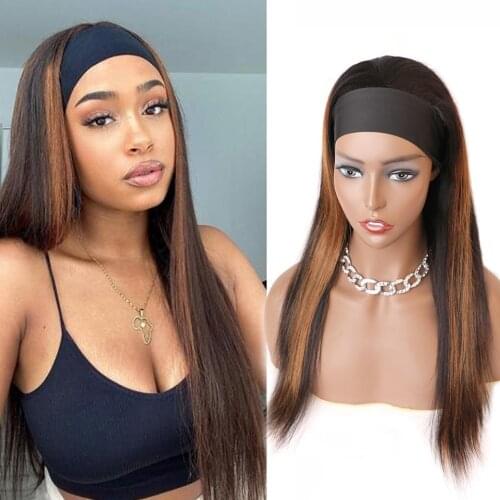 Highlight Headband Human Wig 180% Density Straight Hair Headband Scarf Wigs Remy Hair Glueless HeadBand Wig