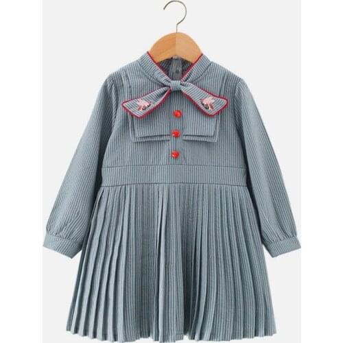 Hot sale 2019 autumn children girls new fashion vintage long sleeve cartoon necktie pleated dress 3-8 years