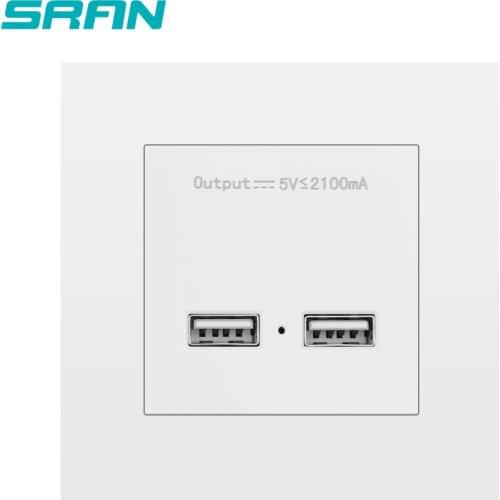 SRAN wall power socket dual USB Smart Induction Charging Port For Mobile 5V 2.1A Output PC Panel 86mm*86mm white usb socket