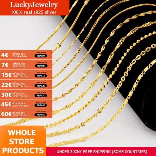 Genuine 24k Yellow Gold Color Necklace For Women Water Wave Chain Snake Bone/Round Bead/O Chain 45cm Necklace Pendant Jewelry