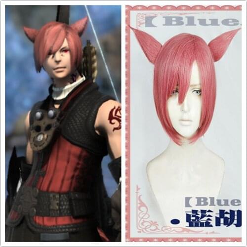 FF14 G'raha Tia Wig with Ears Final Fantasy XIV Cosplay Wig Red Short Synthetic Hair Halloween Role Play G'raha Tia