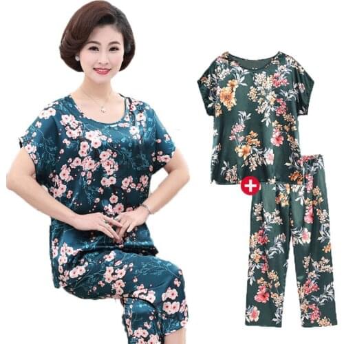 Womens Summer Short Sleeve Cotton Silk Pajamas Set Loose Plus Size Middle Aged Mother Print Sleepwear Two-piece Suit Mujer 849