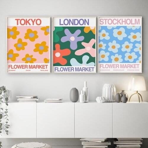 Flower Market Posters and Prints Tokyo, London, Stockholm Flower Shop Sign Canvas Painting Florist Gift Wall Art Pictures Decor