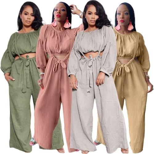 Casual Solid Pleated Sling Two Piece Set Women Fall Clothes for Women Lace Up Long Sleeve Crop Top + Wide Leg Pants Tracksuit