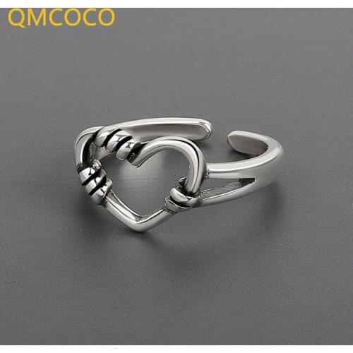 QMCOCO 2021 New Style 925 Silver Rings For Women Heart Shape Vintage Wedding Of Trendy Jewelry Open Adjustable Rings