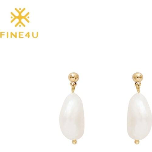 FINE4U E288 Gold Color AAA+ Quality Handpicked White Freshwater Cultured Pearl Stud Pearl Earrings