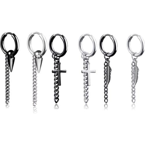 1PC Punk Stainless Steel Cross Leave Tassel Hoop Earrings For Women Men Rock Cone Feather Chain Pendant Earrings Jewelry E319