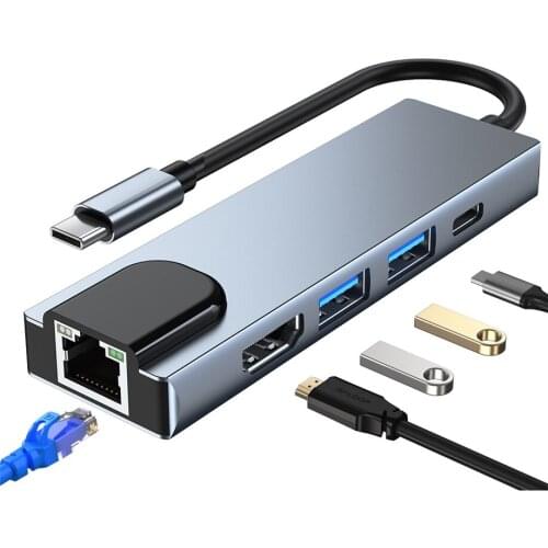 5 in 1 USB Type C Hub Hdmi 4K USB C Hub to Gigabit Ethernet Rj45 Lan Adapter for Macbook Pro Thunderbolt 3 USB-C Charger Port
