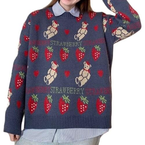 Harajuku Kawaii Strawberry Jacquard Knit Sweater Korean Cute Sweet Style Oversize Long Sleeve Pullover Schoolgirl Tops Clothing