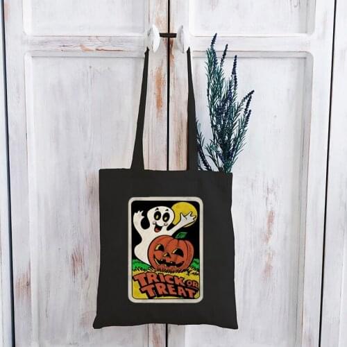 Vintage Halloween Tote Bag Trick or Treat Shopping Bags Women Ghost with Pumpkin Custom Package Bag Kawaii Print