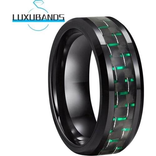 Tungsten Wedding Rings 8MM Black For Women Men Beveled Edges Green&Black Carbon-Fiber Inlay Polished Finished Comfort Fit