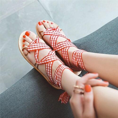 YMECHIC Womens Plaid Cross Strap Tied Gladiator Sandals Red Black Sweet Ankle Strap Rome Lace Up Ladies Flat Sandal Shoes 2018