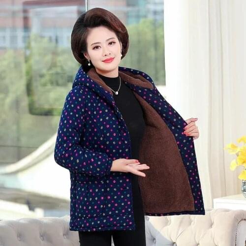 Middle-Aged Elderly Ladies Winter Padded Jacket Plus Velvet Warm Mother Cotton Coat Oversize 5XL Printing Women Hooded Overcoat