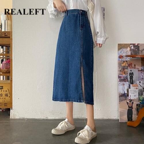 REALEFT Womens Denim Skirts 2021 New Spring Summer Vintage OL Style High Waist Casual Side Split Womens Long Skirts Female
