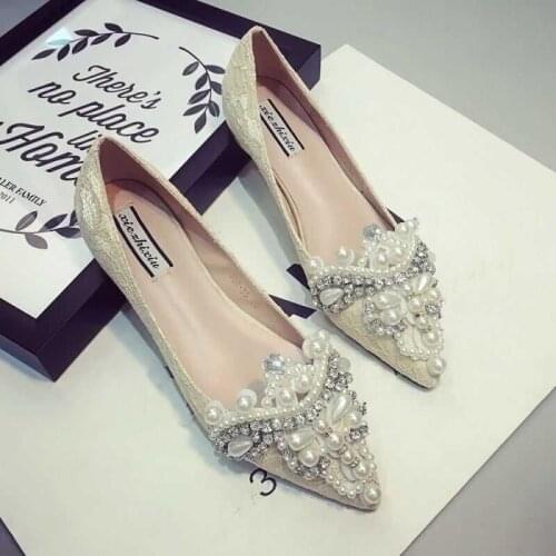 Upscale lace flowers single shoes string beading decorate flat mary janes women elegant crystal wedding shoes shallow creepers