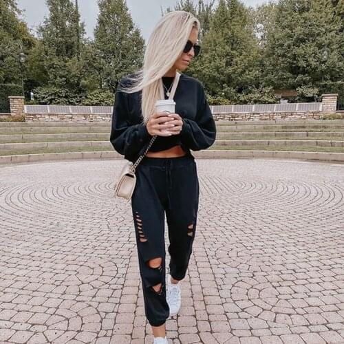 Women Casual Two-pieces Fashion Suit Long Sleeve Onek Solid Short tops and Personality hole Long Pant 2020 Winter Streetwear set