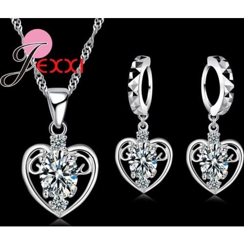 Hot Gift Good Quality 925 Sterling Silver Jewelry Sets Embed CZ Heart Shape Pendant Necklace & Earring Set For Women Party