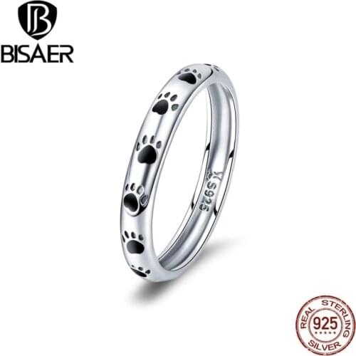 BISAER Real 925 Sterling Silver Pet Footprints Dog Cat Footprints Finger Rings for Women Sterling Silver Jewelry Anel ECR445