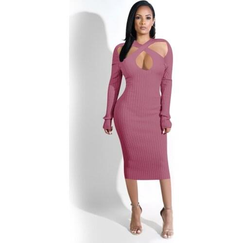 2021 Autumn Women’s Criss Neck Casual Long Sleeve Skinny Dress Fashion Solid Color Off-shoulder Hollow Mid-length Dress