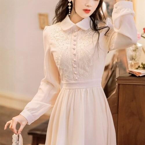 French Sweet Fairy Temperament Slim Retro Dresses Autumn 2021 Embroidery Lapel Elegant Annual Party Maxi Dress Vestido de mujer