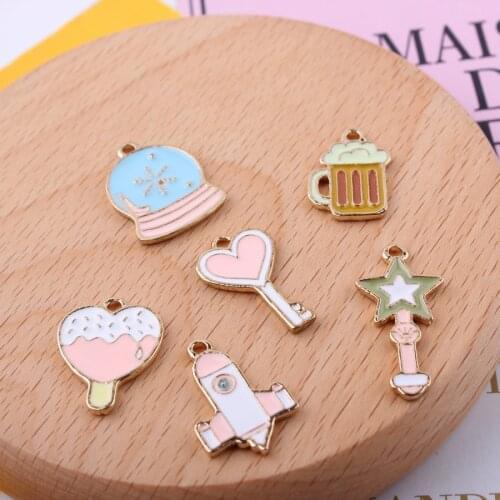 10pcs/Lot Cartoon Enamel Alloy Charms Gold Tone Plated Cute Stars heart Key Beer Cup Glass Ball Rocket pendant Metal Charms