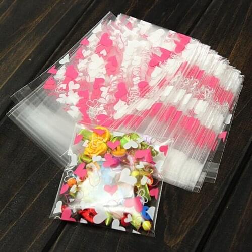 100pcs/lot Clear Cellophane Cookie Sweet Package Mini Pink Heart Packaging Bag Wedding Birthday Candy Party For Gusset