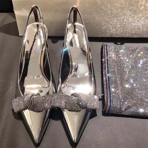 2020 New Women Pumps Bling Rhinestone Bowknot 6CM High Heels Prom Wedding Shoes Woman Pointed Toe Sexy Stiletto Summer Sandals