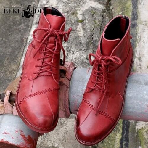 Vintage British Style Ankle Boots Women 2020 New Handmade Zip Wine Red Military Boots Street Genuine Leather Cowhide Biker Boots