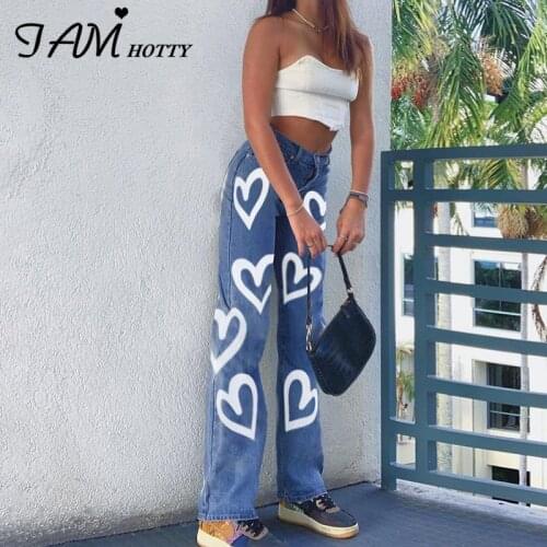 Heart Printed Y2K Straight Mom Jeans Women Harajuku Baggy High Waist Denim 90s Korean Joggers Streetwear Trousers Black Iamhotty