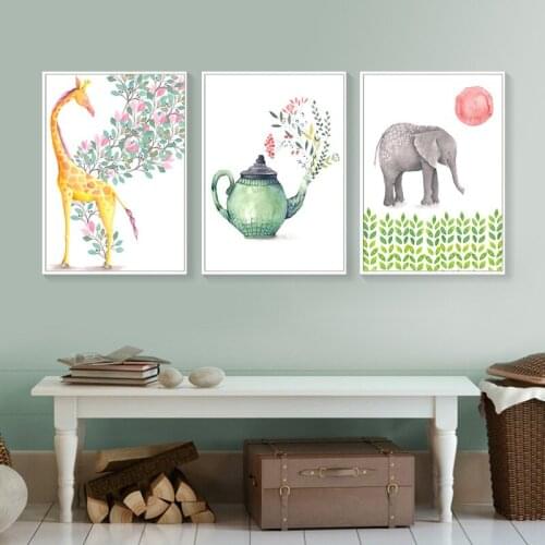 Nordic Colorful Cartoon Animal Giraffe Elephant Bear Swan Canvas Painting Wall Picture Poster Living Children Room Decoration
