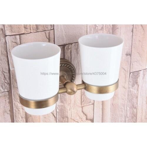Ceramic Tooth Mug Tooth Gargle Cup With Antique Brass Rack Holder Wall Mounted, with Two Ceramic Cups Nba224