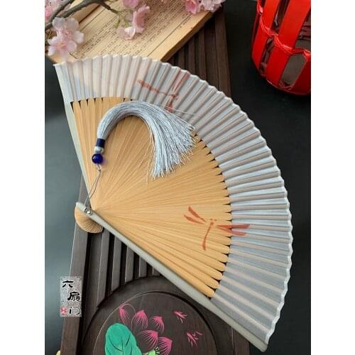 Chinese style gray Dragonfly solid color pure silk bamboo fan summer Japanese folding fan folding women dance fan
