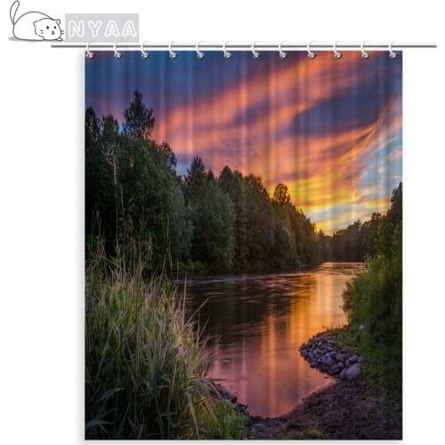 Forest Shower Curtain Set With Hooks Mountain Stream Wooden Bridge Shore Of Lake Tree Sunbeam Sunset Polyester Fabric Bathroom