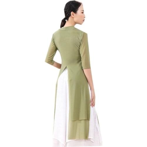 Hot Sell 2 Piece Set Women Classical Dance Costume Side Split Mesh Dress Two Layers Loose Pant Flowy Chinese Folk Dancewear 3XL