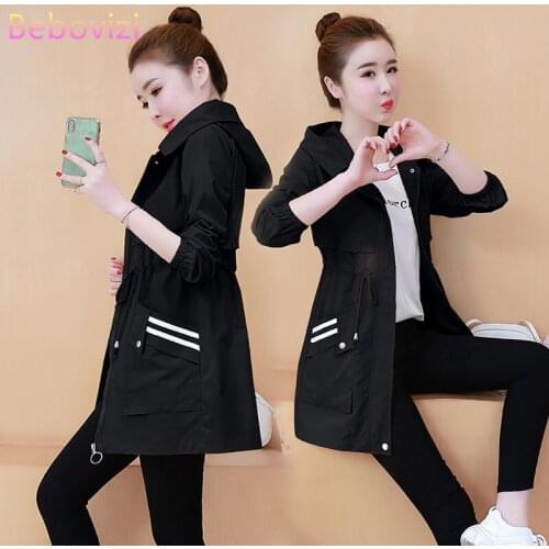 Fashion Korean Plus Size M-4XL Black Blue Pink Trench Coat for Women Windbreaker Hooded Spring Autumn Casual Outerwear Duster