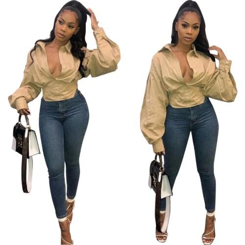 Autumn New Fashion Slim Solid Color Lantern Sleeve Shirt Blouses 2021