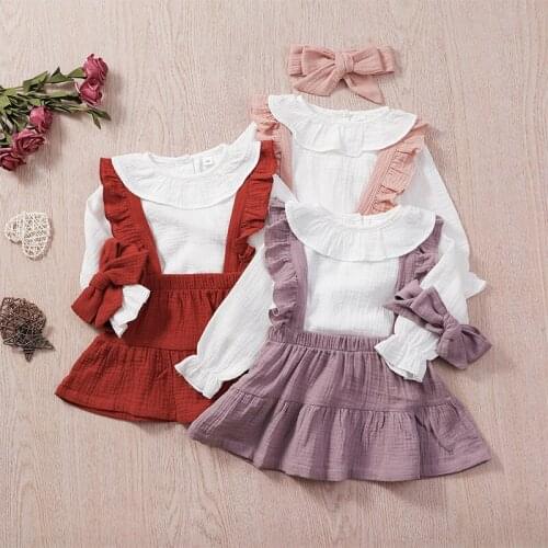 Baby girl clothes spring and autumn pure cotton suit girl fashion clothes ruffled top + strap skirt two-piece free headband