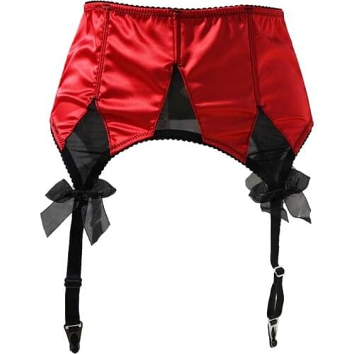 Red Satin Mesh Bow Fishbones Metal Buckles 4 Wide Straps Women/Female/Lady Sexy Garter Belts For Stockings Suspender Belt S511R