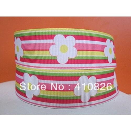 Q&N ribbon wholesale 1"25mm white flower on stripe printed grosgrain ribbon for hair bow 50yds/roll free shipping