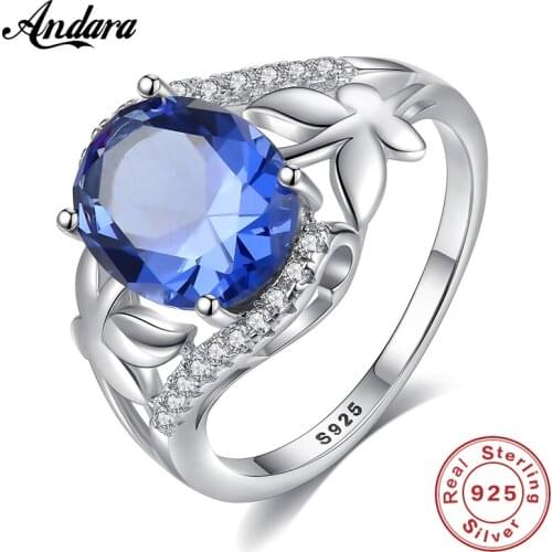 Real 100% 925 Sterling Silver Jewelry Rings Simple Round Blue Gem Finger Rings For Women Female Jewelry