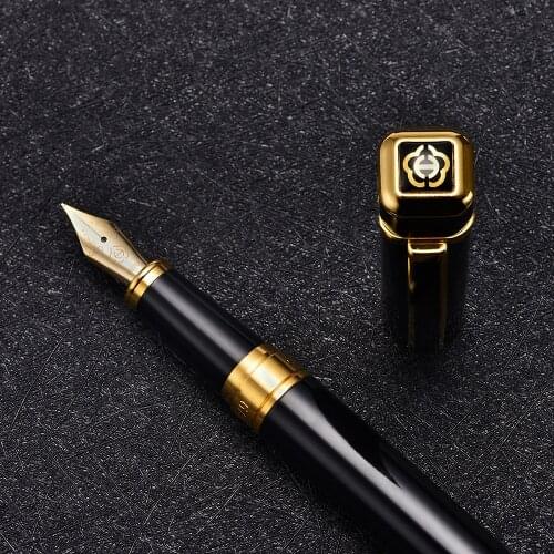 Hero 979 Square Cap Metal Fountain Pen Black with Golden Plates Clip Iridium Fine Nib 0.5mm Writing Ink Pen for Office Business