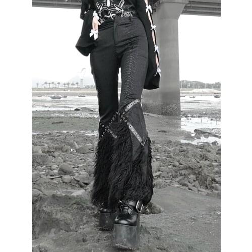 Ruibbit Rock Punk Patchwork High Waist Flared Pants Aesthetic Sexy Patchwork Trousers Women Vintage PU Black Elegant Pants