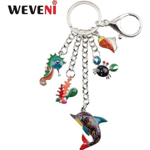 WEVENI Enamel Alloy Ocean Dolphin Crab Seahorse Key Chain Keychain Holder Cartoon Animal Jewelry For Women Girls Bag Car Charms