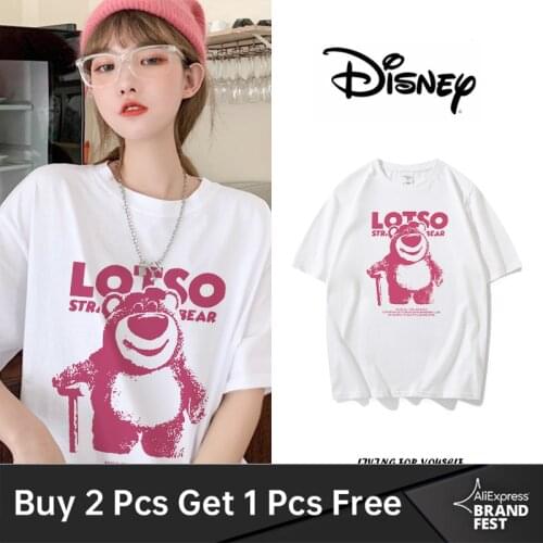 Disney Brand Pink Bear Lotso Cartoon Hip Hop Short Sleeve T-shirt Womens Ins Summer Short Sleeve plus-Size Female Tee Tops 2021