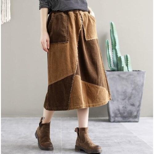 Autumn New Arts Style Women Elastic Waist Casual A-line Skirt Patchwork Cotton Corduroy Vintage Skirts Femme Long Skirt