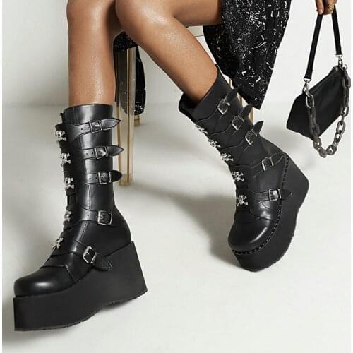 Punk Style Ladies Spring Autumn Mid Calf Boots Fashion Belt Buckle Metal Decoration Knight Boots Winter Slope With Womens Shoes