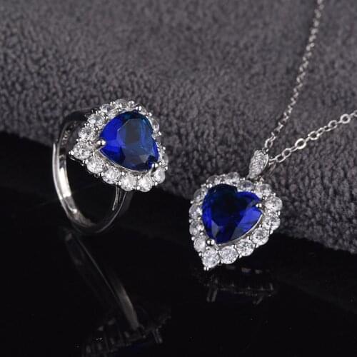 QTT Retro 925 Sterling Silver Luxury Womens Jewelry Sets Heart Blue CZ Necklace Ring Wedding Engagement Gift For Bride