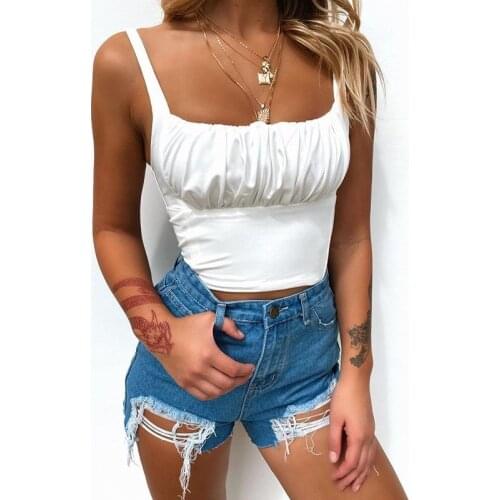 Womens Summer Sexy Sleeveless Stretch Outfit Folds Basic Cotton Slim Crop Tank Top Fashion White Color