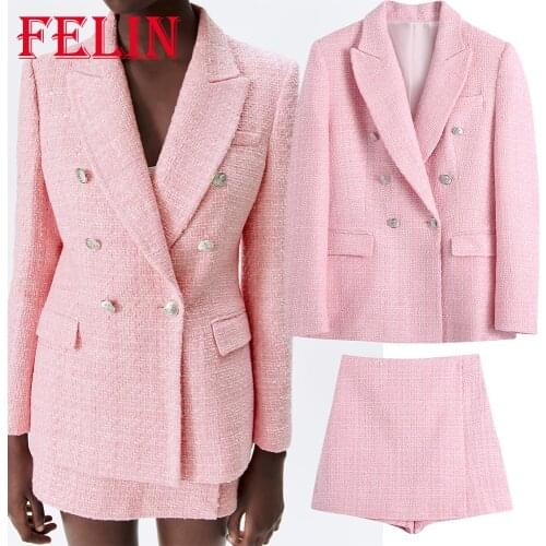 FELIN Za Chic Pink Office Lady Blazer Women Plaid V Neck Double Buttons Pockets Loose Long Jackets Women Fashion 2021 Chic Tops